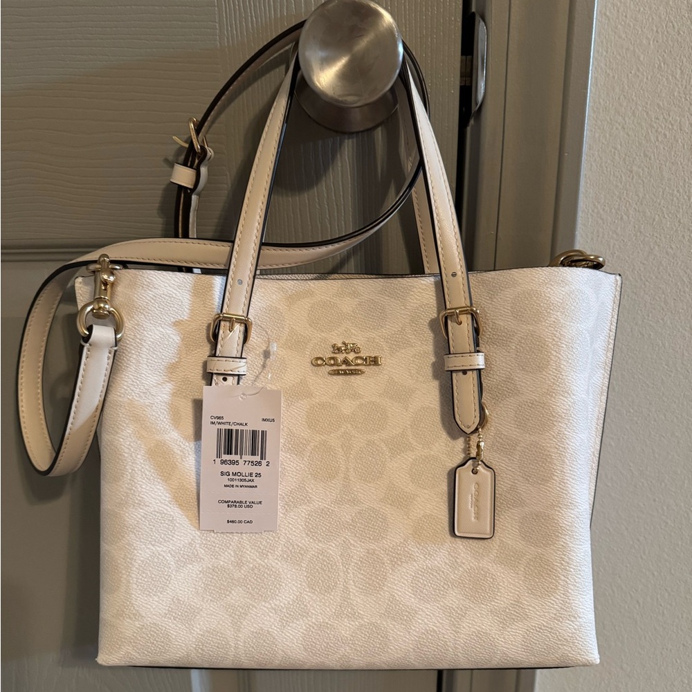 NWT Coach Mollie 25 Tote Bag In Signature Canvas - Gold/White/Chalk